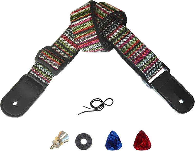 Farcaya Ukulele Strap for Soprano Concert Tenor Baritone Uke Mandolin Banjo Cotton Soft Country Style with Picks Locks Buttons End Pins Musical Instrument Accerssories (Striped Green) - Image 1